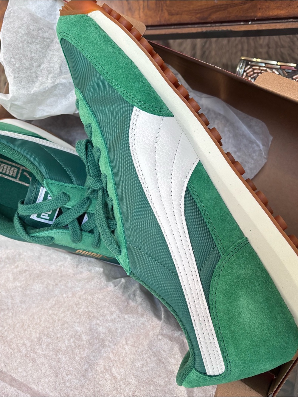 Puma Men’s Green Suede & Textile Low-Top Sneakers - Picture 6 of 9